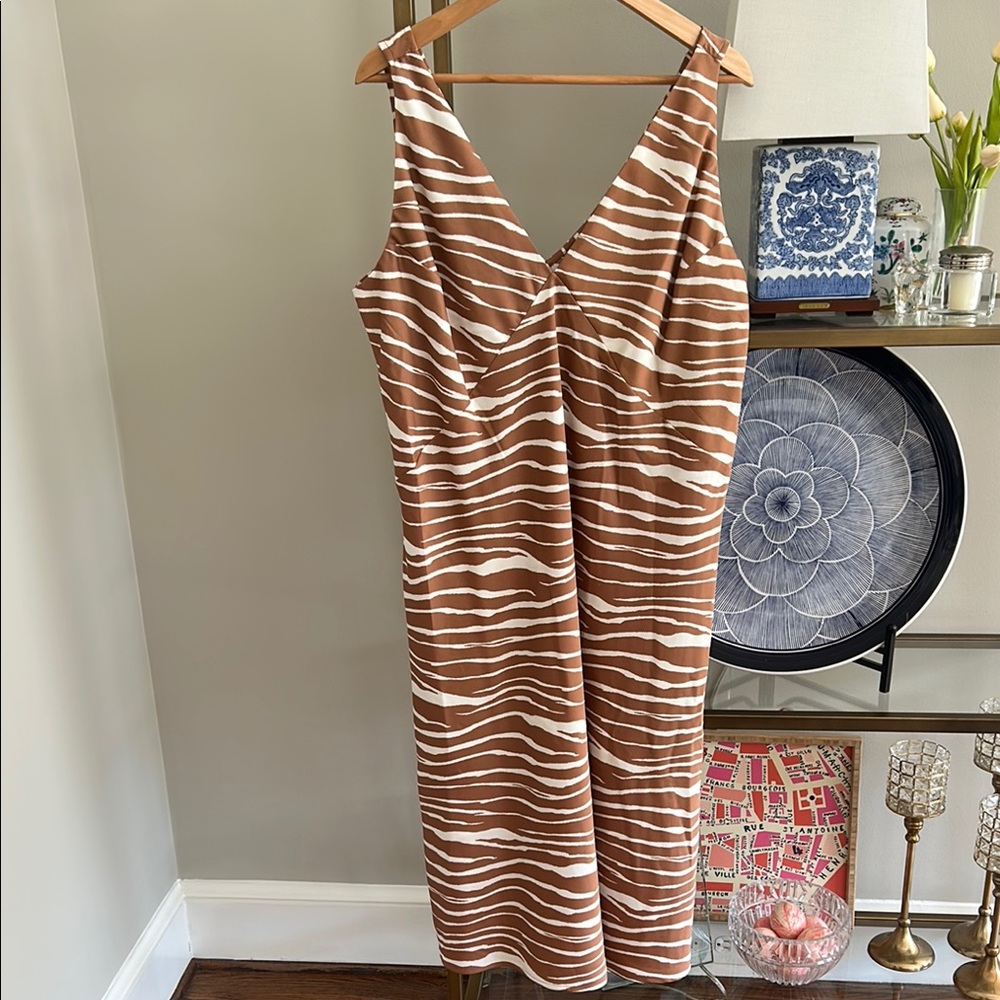 Brown and White Striped V-Neck Dress